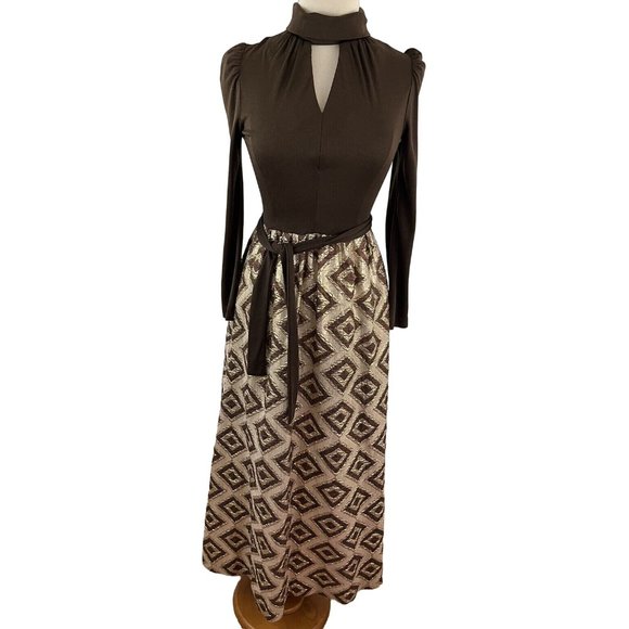 Vintage 70s Cindy Juniors Leboff Mod Maxi Dress Peekaboo Bodice Metallic Skirt - Picture 5 of 11